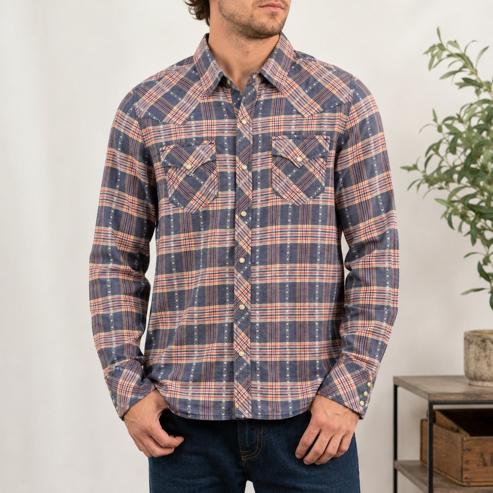 True Religion Western Plaid Pearl Snap Shirt Men's M Blue Red Long Sleeve